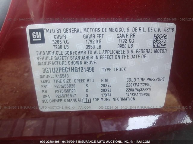 3GTU2PEC1HG131498 - 2017 GMC SIERRA K1500 DENALI BURGUNDY photo 9