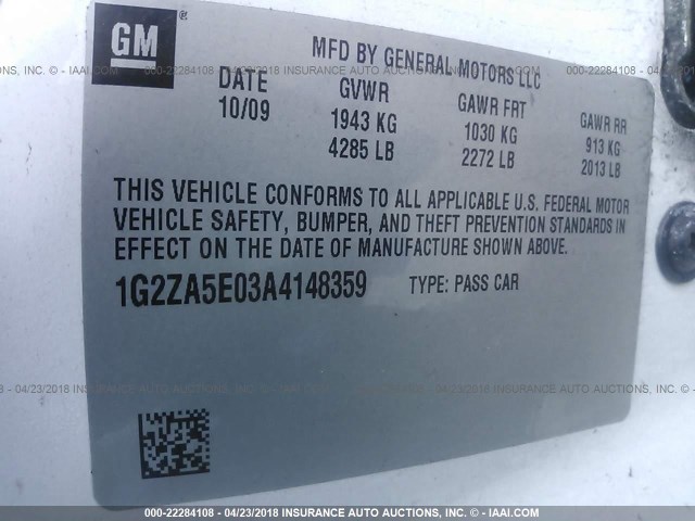 1G2ZA5E03A4148359 - 2010 PONTIAC G6 WHITE photo 9