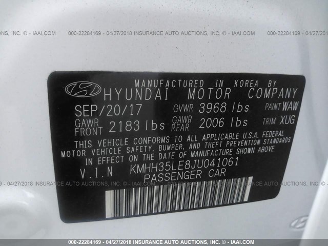 KMHH35LE8JU041061 - 2018 HYUNDAI ELANTRA GT WHITE photo 9