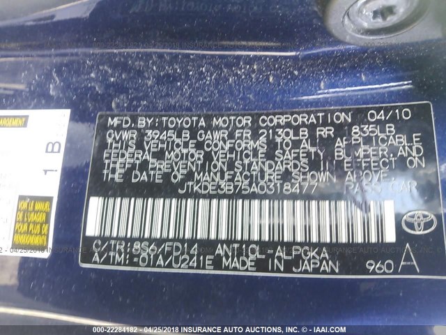 JTKDE3B75A0318477 - 2010 TOYOTA SCION TC 深蓝色 照片 9