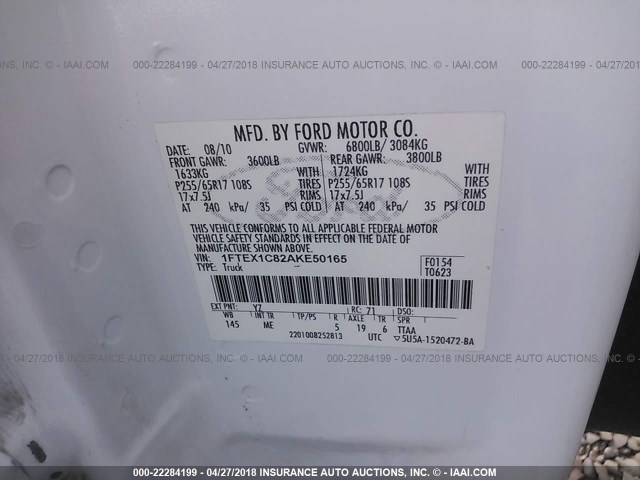 1FTEX1C82AKE50165 - 2010 FORD F150 SUPER CAB WHITE photo 9