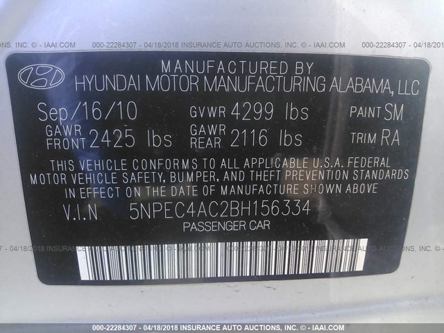 5NPEC4AC2BH156334 - 2011 HYUNDAI SONATA SE/LIMITED SILVER photo 9