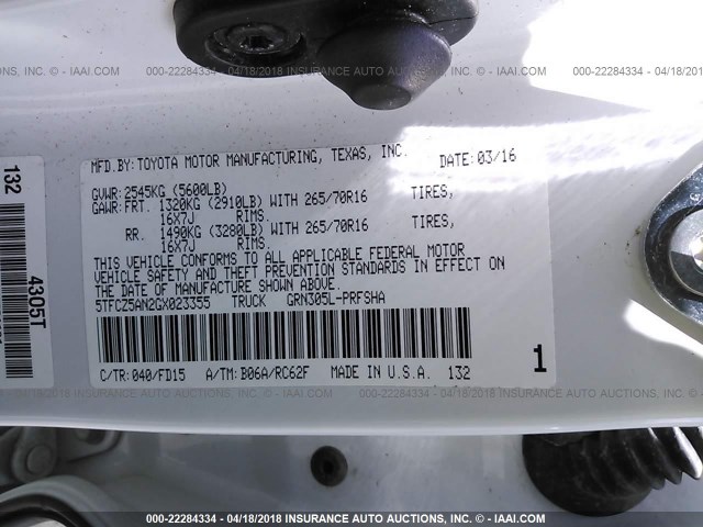 5TFCZ5AN2GX023355 - 2016 TOYOTA TACOMA DBL CAB/SR/SR5/TRD SPT/OR WHITE photo 9