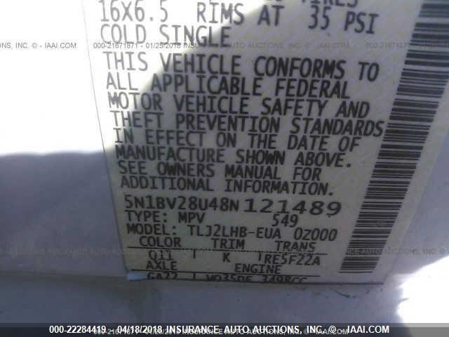 5N1BV28U48N121489 - 2008 NISSAN QUEST S/SE/SL WHITE photo 9