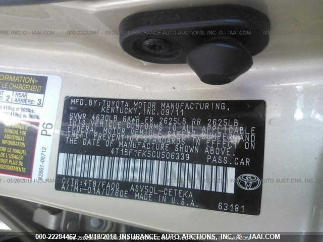 4T1BF1FK5CU506339 - 2012 TOYOTA CAMRY SE/LE/XLE GOLD photo 9