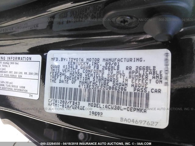 4T1BE32K22U006206 - 2002 TOYOTA CAMRY LE/XLE/SE 黑色 照片 9