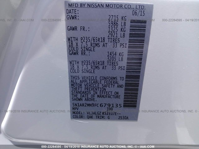 5N1AR2MN9FC679135 - 2015 NISSAN PATHFINDER S/SV/SL/PLATINUM 白色 照片 9