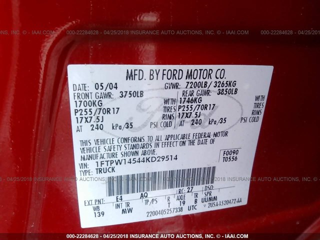 1FTPW14544KD29514 - 2004 FORD F150 SUPERCREW RED photo 9