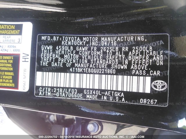 4T1BK1EB0GU221860 - 2016 TOYOTA AVALON XLE PLUS/PREMIUM/TOUR/LTD BLACK photo 9