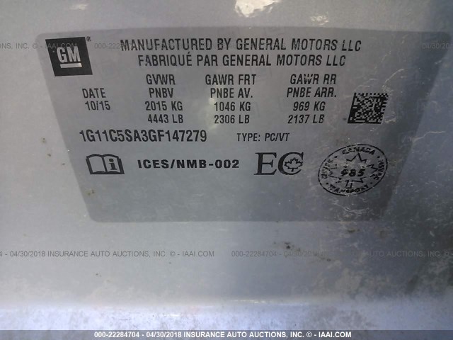 1G11C5SA3GF147279 - 2016 CHEVROLET MALIBU LIMITED LT SILVER photo 9