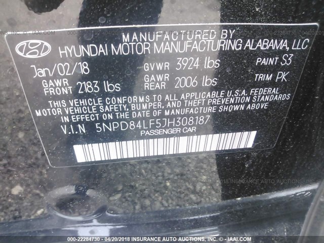 5NPD84LF5JH308187 - 2018 HYUNDAI ELANTRA SEL/VALUE/LIMITED BLACK photo 9