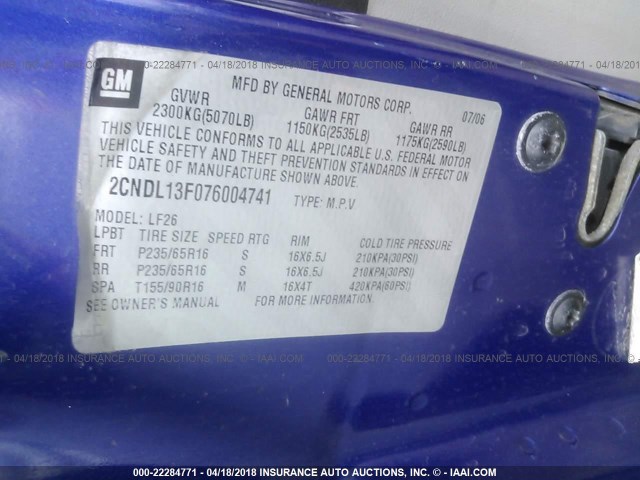 2CNDL13F076004741 - 2007 CHEVROLET EQUINOX LS BLUE photo 9