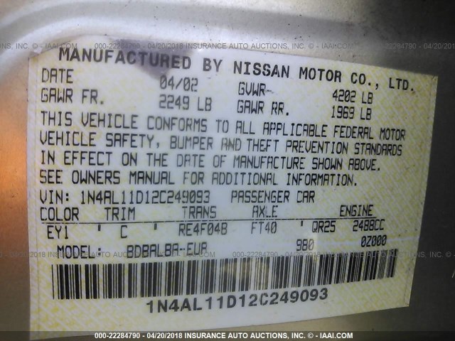 1N4AL11D12C249093 - 2002 NISSAN ALTIMA S/SL GOLD photo 9