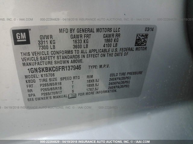 1GNSKBKC6FR137946 - 2015 CHEVROLET TAHOE K1500 LT SILVER photo 9