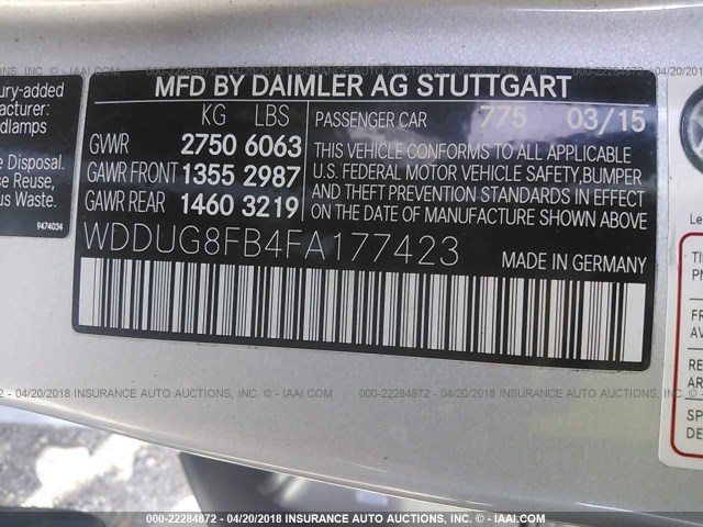 WDDUG8FB4FA177423 - 2015 MERCEDES-BENZ S 550 4MATIC SILVER photo 9