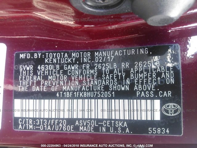 4T1BF1FK8HU752051 - 2017 TOYOTA CAMRY LE/XLE/SE/XSE RED photo 9