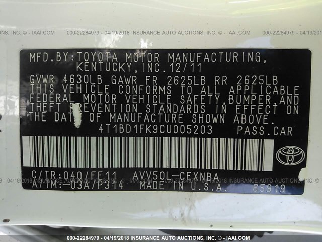 4T1BD1FK9CU005203 - 2012 TOYOTA CAMRY HYBRID/LE/XLE 白色 照片 9