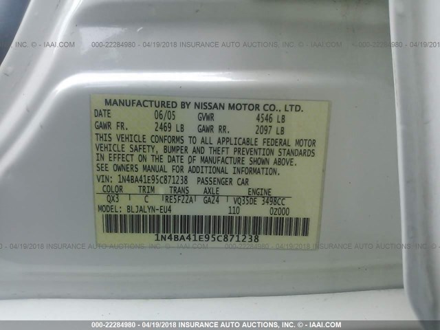 1N4BA41E95C871238 - 2005 NISSAN MAXIMA SE/SL WHITE photo 9