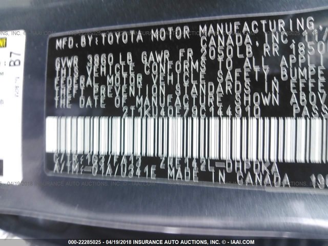 2T1KU40E79C144910 - 2009 TOYOTA COROLLA MATRIX  GRAY photo 9