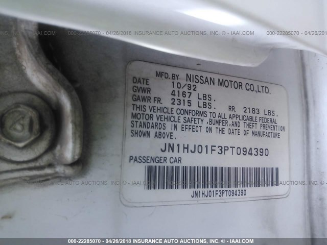 JN1HJ01F3PT094390 - 1993 NISSAN MAXIMA GXE WHITE photo 9