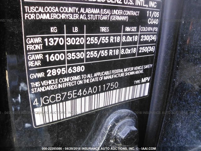 4JGCB75E46A011750 - 2006 MERCEDES-BENZ R 500 BLACK photo 9