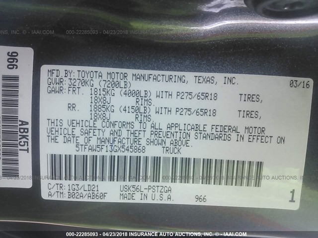 5TFAW5F13GX545868 - 2016 TOYOTA TUNDRA CREWMAX 1794/PLATINUM 灰色 照片 9