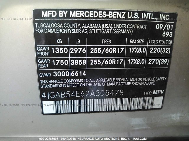 4JGAB54E62A305478 - 2002 MERCEDES-BENZ ML 320 Champagne photo 9