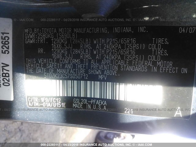 5TDZK23C57S050712 - 2007 TOYOTA SIENNA CE/LE GRAY photo 9