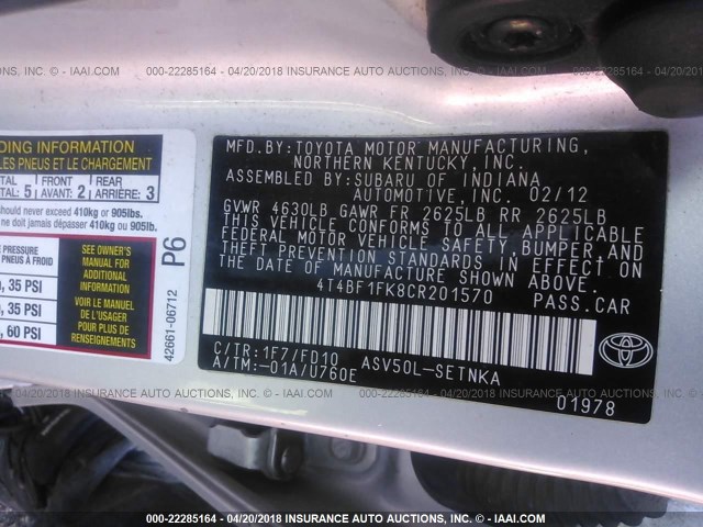 4T4BF1FK8CR201570 - 2012 TOYOTA CAMRY SE/LE/XLE SILVER photo 9