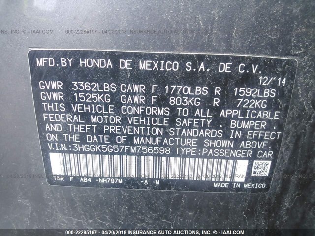 3HGGK5G57FM756598 - 2015 HONDA FIT LX Gri fotoğraf 9