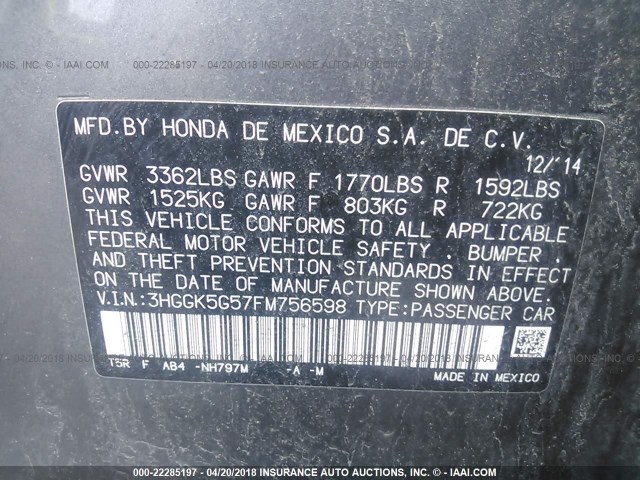 3HGGK5G57FM756598 - 2015 HONDA FIT LX GRAY photo 9