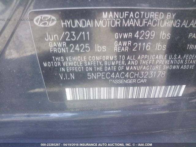 5NPEC4AC4CH323178 - 2012 HYUNDAI SONATA SE/LIMITED BLUE photo 9