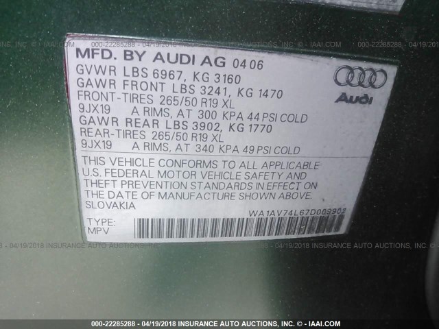 WA1AV74L67D009902 - 2007 AUDI Q7 4.2 QUATTRO GREEN photo 9