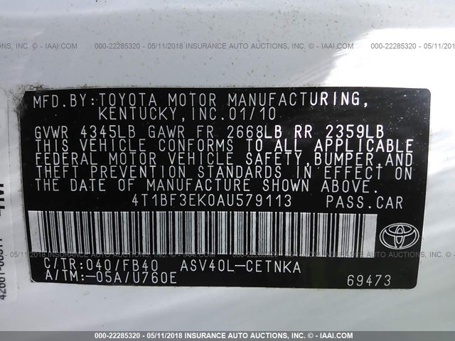 4T1BF3EK0AU579113 - 2010 TOYOTA CAMRY SE/LE/XLE თეთრი ფოტო 9
