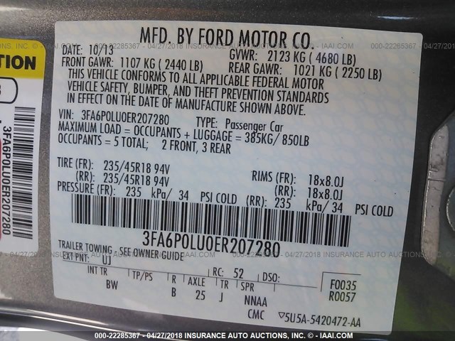 3FA6P0LU0ER207280 - 2014 FORD FUSION SE HYBRID GRAY photo 9