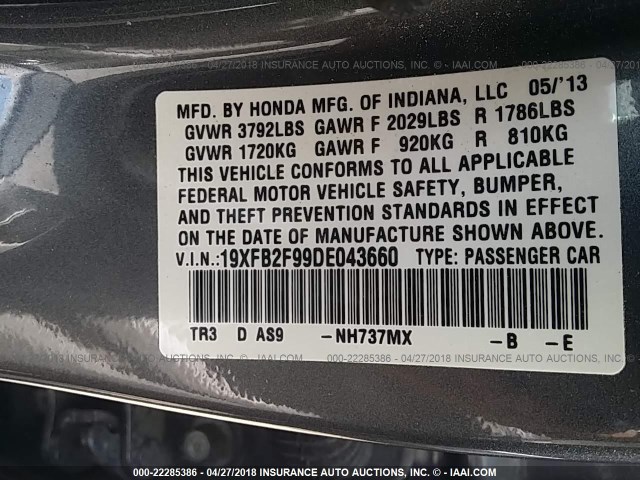 19XFB2F99DE043660 - 2013 HONDA CIVIC EXL Boz foto 9