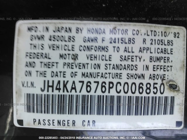 JH4KA7676PC006850 - 1993 ACURA LEGEND LS BLACK photo 9