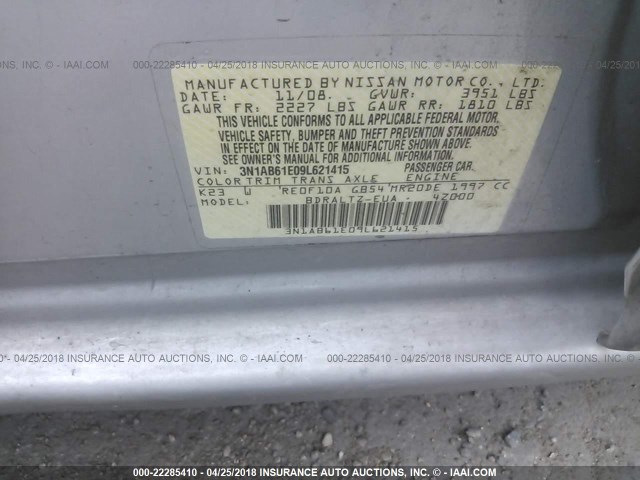 3N1AB61E09L621415 - 2009 NISSAN SENTRA 2.0/2.0S/2.0SL SILVER photo 9