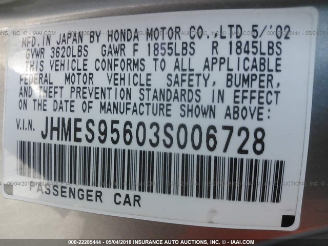 JHMES95603S006728 - 2003 HONDA CIVIC HYBRID Champagne photo 9