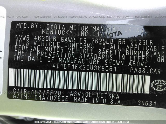 4T1BF1FK3EU368061 - 2014 TOYOTA CAMRY L/SE/LE/XLE 银色 照片 9