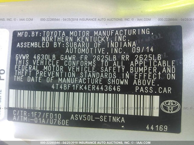 4T4BF1FK4ER443646 - 2014 TOYOTA CAMRY L/SE/LE/XLE SILVER photo 9