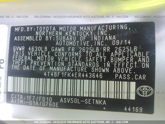 4T4BF1FK4ER443646 - 2014 TOYOTA CAMRY L/SE/LE/XLE 银色 照片 9