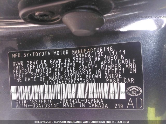 2T1BU4EE3BC732611 - 2011 TOYOTA COROLLA S/LE GRAY photo 9