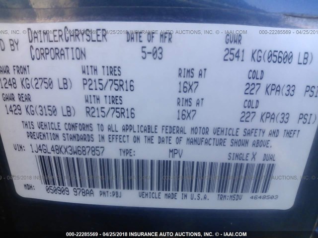 1J4GL48KX3W687857 - 2003 JEEP LIBERTY SPORT/FREEDOM ლურჯი ფოტო 9