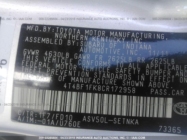 4T4BF1FK8CR172958 - 2012 TOYOTA CAMRY SE/LE/XLE 银色 照片 9