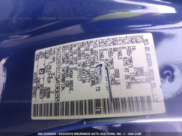 5N1ED28T81C549820 - 2001 NISSAN XTERRA XE/SE BLUE photo 9