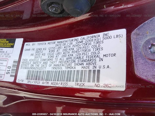 5TENX62N56Z312577 - 2006 TOYOTA TACOMA PRERUNNER RED photo 9