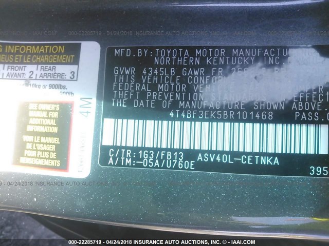 4T4BF3EK5BR101468 - 2011 TOYOTA CAMRY SE/LE/XLE GRAY photo 9