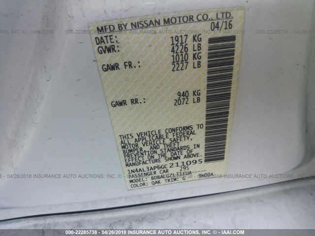 1N4AL3AP6GC211095 - 2016 NISSAN ALTIMA 2.5/S/SV/SL/SR 白色 照片 9