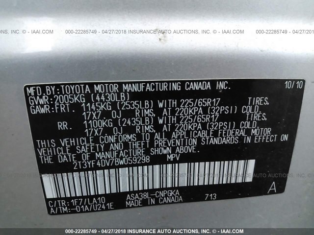 2T3YF4DV7BW059298 - 2011 TOYOTA RAV4 LIMITED SILVER photo 9